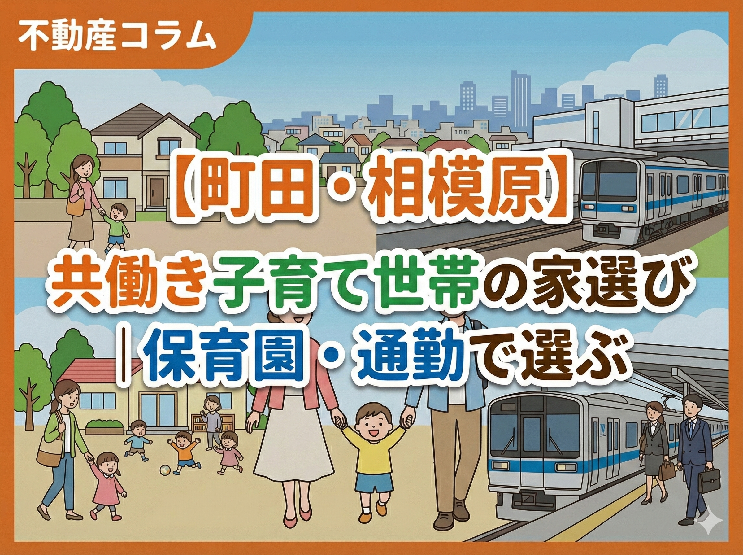 相模原市・町田市で共働き子育て世帯が保育園と通勤を考慮して家選びをするイメージ