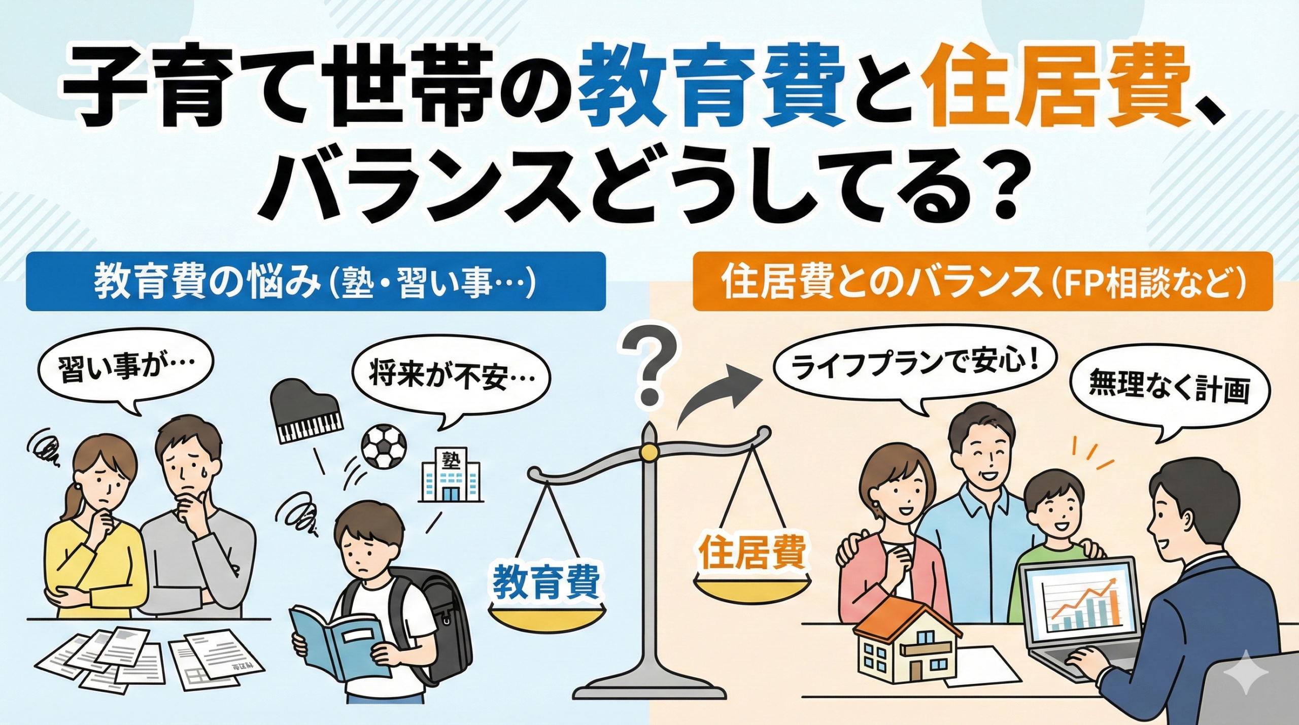 町田市・相模原市の子育て世帯が教育費と住居費のバランスを考えるイメージ